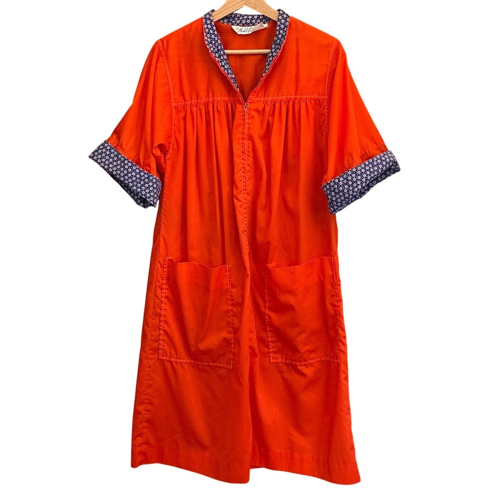 Vintage 70s Models Coat House Dress Zip Front Orange Grannycore Retro Loungewear